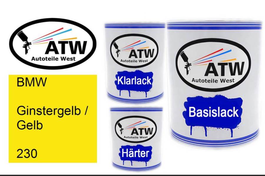 BMW, Ginstergelb / Gelb, 230: 1L Lackdose + 1L Klarlack + 500ml Härter - Set, von ATW Autoteile West.